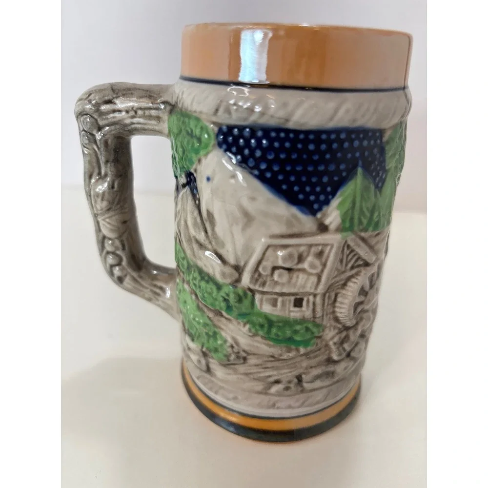 Vintage Hand Painted Ceramic Beer Stein Relief Scene Village Folk Art Mug 5.5in
